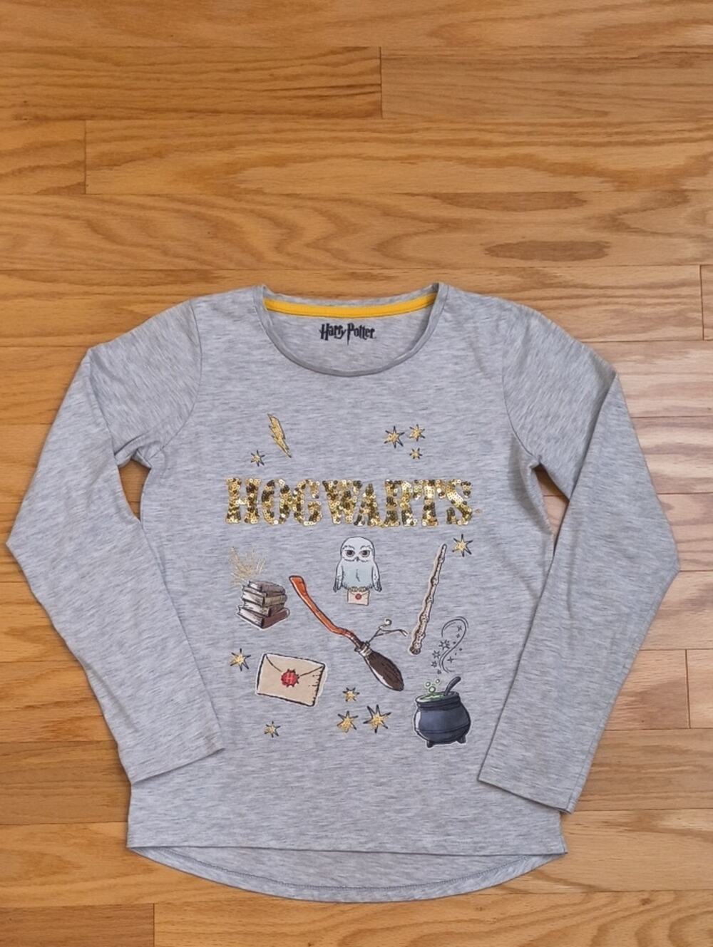 Warner Bros. Gray Harry Potter Hogwarts Sequin Long-Sleeve Tee Size 12 EUC